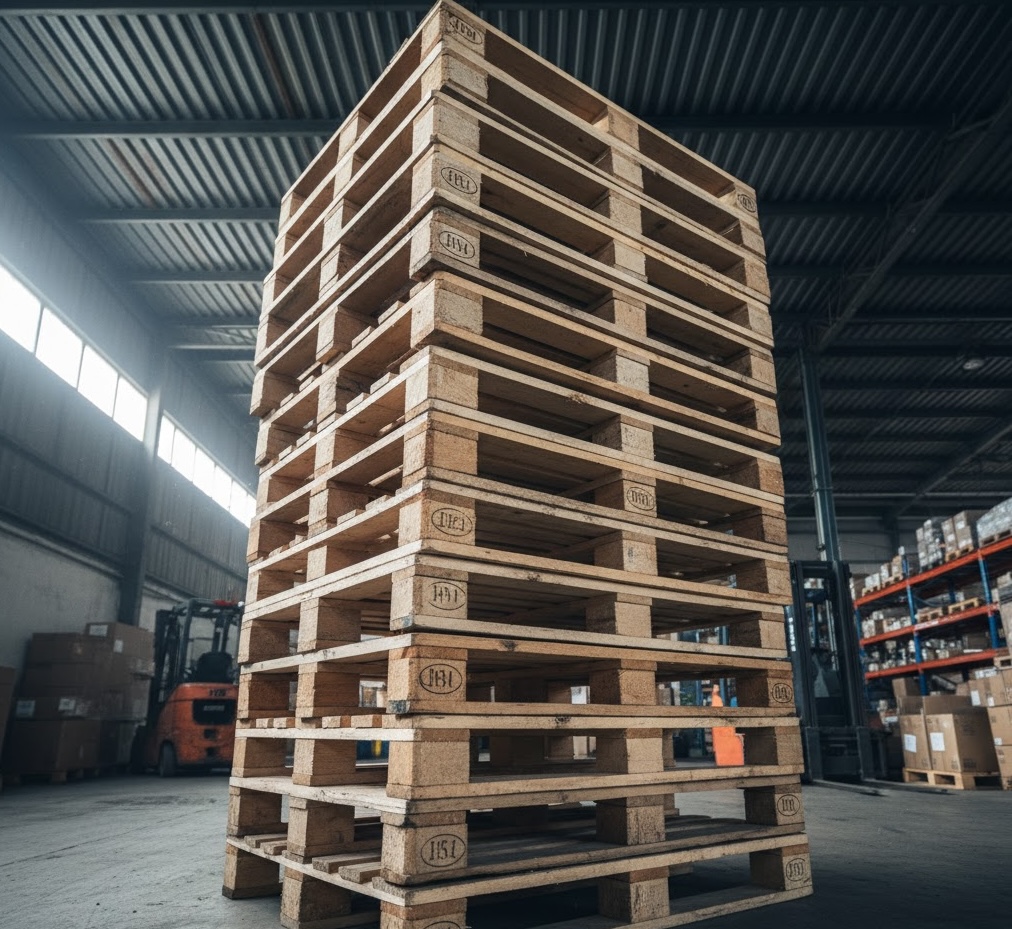 High-quality wood pallets stacked in warehouse